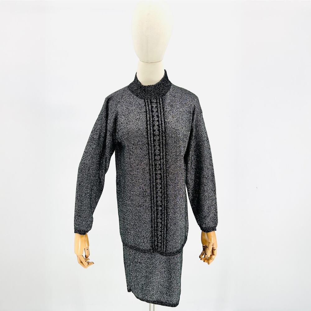 Vintage 80s Mallard Metallic Black Silver Glam Long Sleeve Sweater Skirt Set